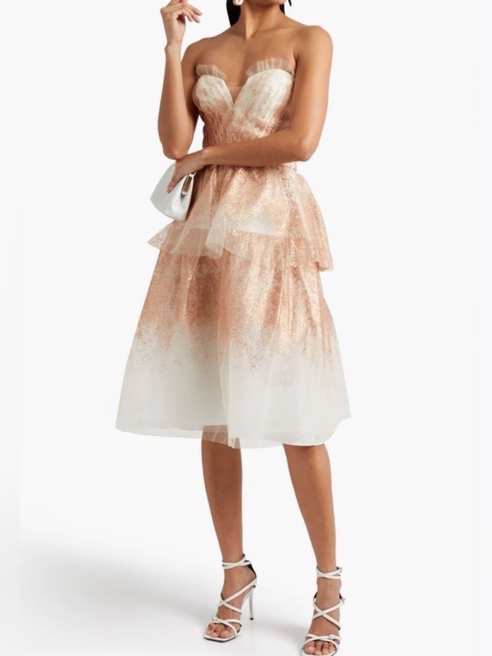 MARCHESA NOTTE Strapless Glitter Tulle Tiered Cocktail Dress Size 16 NWT